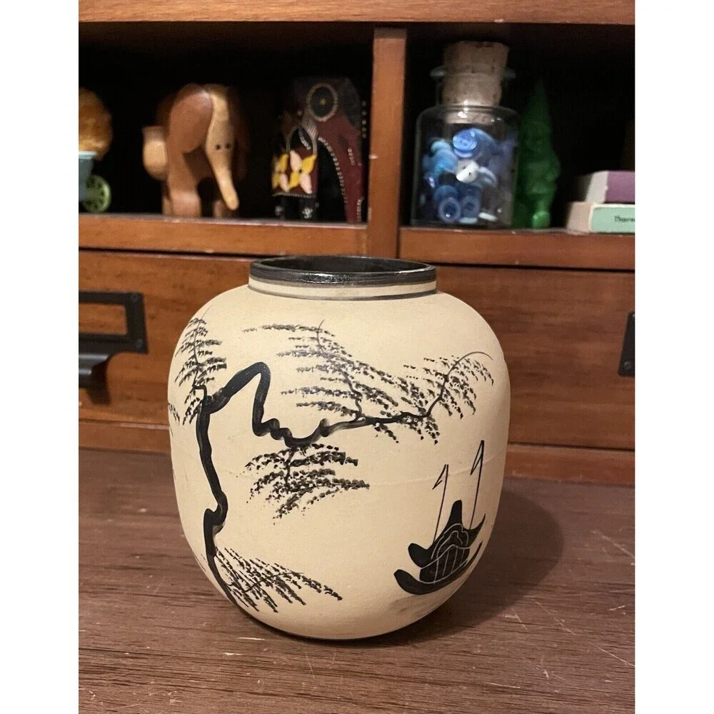 Vintage Japanese Bisque Pottery Hand Painted Pagoda Landscape Vase Ginger Jar 5”